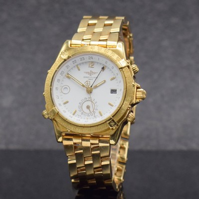 BREITLING Duograph schwere Herrenarmbanduhr am Pilotband in GG 750/000 Referenz K15507, Schweiz um 1995, Automatik, pol. Geh., Boden & Krone ...