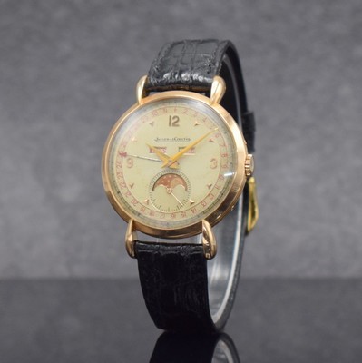 Jaeger-LeCoultre Herrenarmbanduhr mit Vollkalender in RG 750/000, Schweiz um 1945, Handaufzug, 2-tlg. Geh., Boden aufgedr., tropfenförmige ...