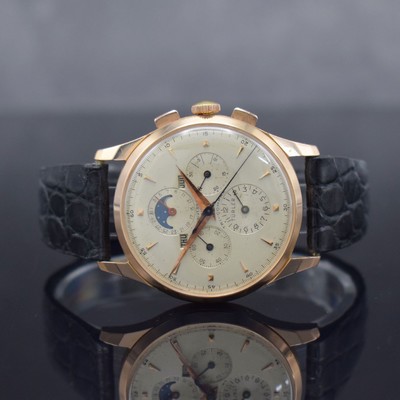 UNIVERSAL GENEVE / TÜRLER Tri-Compax 38 mm Schaltradchronograph mit Vollkalender in RG 750/000, Schweiz um 1945, Handaufzug, 3-tlg. Geh., Boden & ...