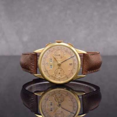 ULYSSE NARDIN extrem seltener Schaltradchronograph mit Vollkalender Kaliber 23C in GG 750/000, Handaufzug, Schweiz um 1945, 3-teil. Geh., Boden & ...