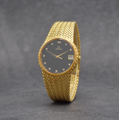 OMEGA Herrenarmbanduhr in GG 750/000 Referenz 196 7353, Schweiz um 1980, quarz, Boden aufgedr., schwarzes Zifferbl. m. aufgel. Diamant-Indizes, Anz. ...