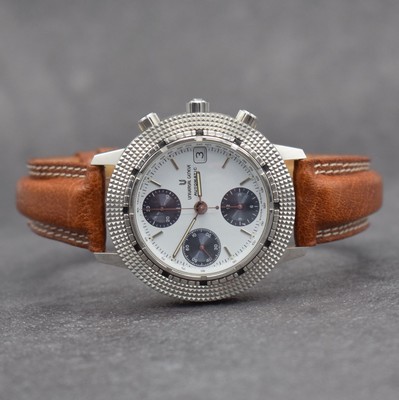 UNIVERSAL GENEVE Armbandchronograph Referenz 104.42.980, Automatik, Schweiz um 1985, Edelstahlgeh. inkl. orig. Lederband m. orig. Dornschl., Boden ...