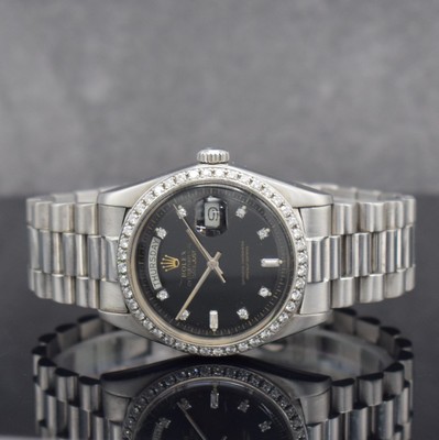 ROLEX Oyster Perpetual Day-Date Herrenarmbanduhr in WG 750/000 Referenz 1803, Schweiz um 1977, Automatik, Chronometer der Superlative, schwarzes ...