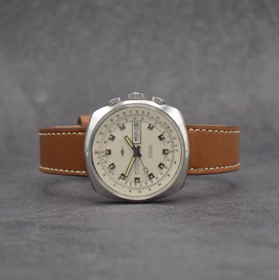 MONDIA seltene Herrenarmbanduhr mit Rechenschieber und rückseitiger Weltzeit in Stahl, Schweiz um 1965, Automatik, verschr. Geh., im Boden ...