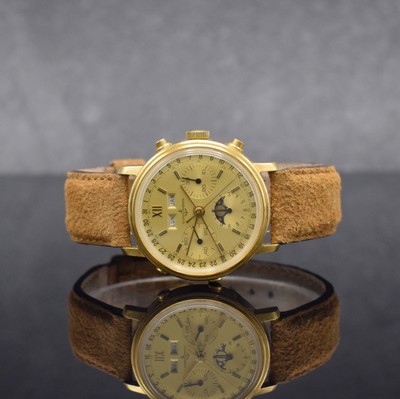 ULYSSE NARDIN seltener, astronomischer Schaltradchronograph in GG 750/000 mit Kaliber Valjoux 88, Handaufzug, Schweiz um 1980, Boden verschr., gold. ...