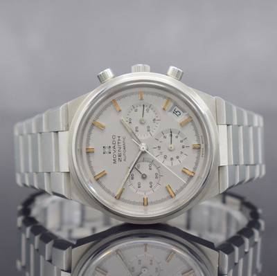 MOVADO / ZENITH Herrenarmbanduhr mit Chronograph, Schweiz um 1980, Automatik, Edelstahlgeh., orig. Gliederbd., geschr. Boden m. später. Verglasung, ...