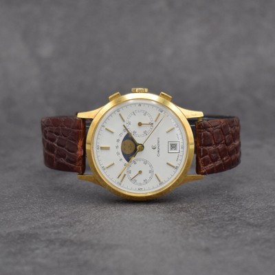 CHRONOSWISS Herrenarmbanduhr mit Chronograph, Mondphase & Datum in GG 750/000, Schweiz um 1980, Handaufzug, 3-teil. Geh., Boden & Glasrand aufgedr., ...