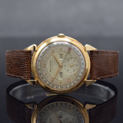 MOVADO Herrenarmbanduhr in RoseG 750/000 mit Kalender, Schweiz um 1945, Handaufzug, 3- teil. Gehäuse m. tropfenförm. Bandanstößen, Boden & ...