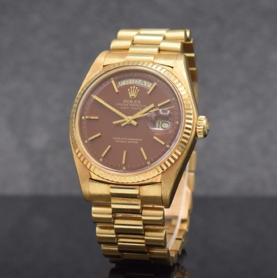 ROLEX feine & seltene Herrenarmbanduhr Day- Date mit braunem Stella-Zifferblatt in GG 750/000 Referenz 1803, Automatik, Schweiz um 1977, Chronometer ...