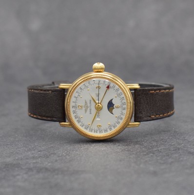 BREITLING Damenarmbanduhr in RoseG 750/000 mit Vollkalender, Schweiz um 1980, Handaufzug, 3-teil. Geh., Boden & Glasrand aufgedr., silb. Zifferbl. m. ...
