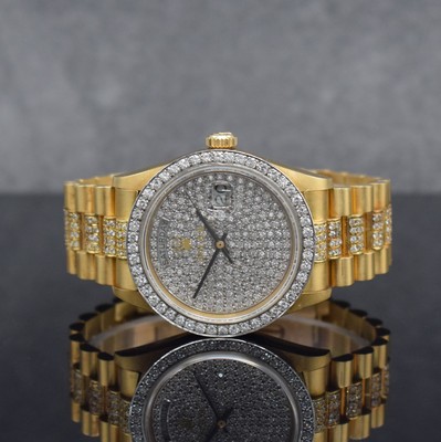 ROLEX Herrenarmbanduhr Oyster Perpetual Day- Date in GG 750/000 Referenz 18038, Automatik, Schweiz um 1980, Presidentband mit Faltschl., Lünette & ...
