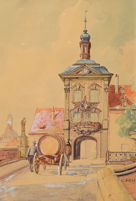 C. Reh, Maler der 1. Hälfte des 20. Jh., 2 Aquarelle mit Stadtansichten, beide sign., je ca. 33x23cm, PP, u.Gl., R. ca. 47x37cm
