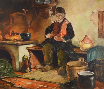 Peter Albert Speier, 1920-1998, Kücheninterieur, Holländer beim Netzflicken, Öl/Lwd, links unten signiert, ca. 60x70cm, R. ca. 77x87cm