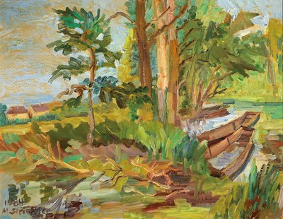 Marie Strieffler, 1917-1987 Landau, Landschaft am Altrhein, Öl/Lwd, links unten signiert und dat. 84, ca. 60x75cm, R.