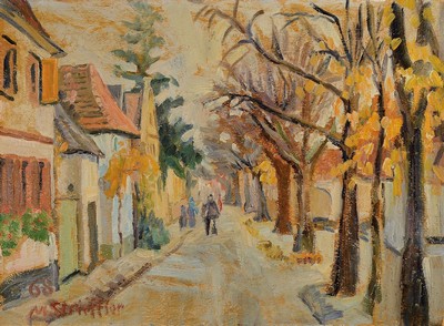 Marie Strieffler, 1917-1987 Landau, Ansicht eines Pfälzer Dorfes, wohl Rhodt unter Rietburg, Öl/Lwd, links unten signiert und dat. 68, ca. 47x64cm, ...