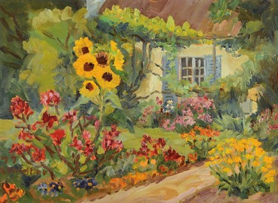 Marie Strieffler, 1917-1987 Landau, Blick in einen Garten in Landau, Öl/Lwd, links unten signiert und dat. 77, ca. 47x 64cm, R. ca. 54x70cm