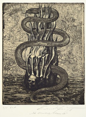 Ernst Fuchs, 1930-2015, Die beinerne Flamme, Radierung von 1972, handsigniert, betitelt, num. 2/8 E.A., ca. 24.5x20cm, Blattgr. ca. 62x48cm