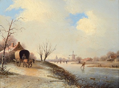 Hermann Henry op der Heijde, 1813-1857, Winterliches Eisvergnügen in Holland, Öl/Holz,links unten monogrammiert, ca. 21.5x29cm, R. mit Namensschild ...