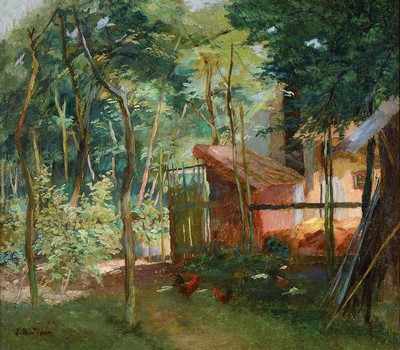Ludwig Wilhelm Plock, 1871-1940 Karlsruhe, Wolfertsweier Bauernstall mit Hühnern, rückseitig so betitelt, Öl/Lwd, links unten signiert, ca. ...