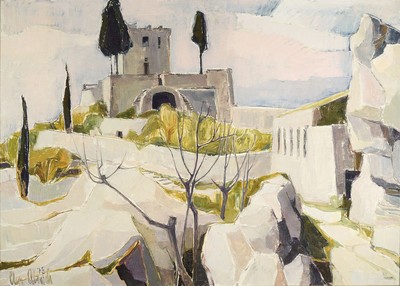 Christel Abresch, 1931 Sulzbach bis 2011 Neustadt/Wstr., Jagdschloss bei Sauve, Cevennen, Mai 73, Öl/Lwd, verso bezeichnet, li. unten signiert und ...