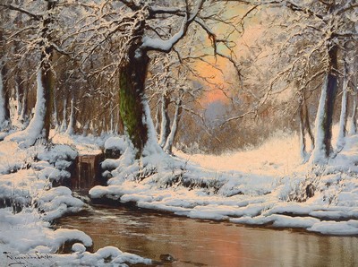 Laszlo Neogrady, 1896 Budapest - 1962, verschneite Winterlandschaft mit Bäumen und Bachlauf, Morgenstimmung, gekonnte Tiefenwirkung und ...