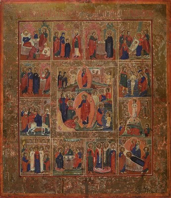 Festagsikone, Russland, 2. Hälfte 19. Jh., Eitempera/Holz, Vita von Jesus Christus, altersbedingt beschädigt bzw. berieben