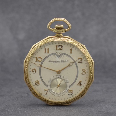 IWC offene Herrentaschenuhr in GG 585/000, Schweiz um 1929, 12-eckiges Geh., Ränder & Bügel graviert, Boden guill., verg. Cuv., silb. ...