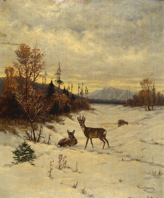 Clemens Freitag, 1883 Essen-1969 München, Rehe im Schnee, Öl/Lwd, rechts unten signiert, mit mehreren Farbfehlstellen vor allem an den Rändern, ...