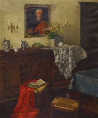 Zuschreibung: August Wagner, 1875-1952, Interieur mit Gemälde, Anrichte und aufgeschlagenem Buch auf Stuhl, Öl/Lwd, links unten signiert, ca. ...