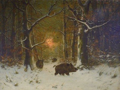 Joseph F. Heydendahl, 1844-1906 Düsseldorf, Wildschweinrotte im verschneiten Wald, Abendrot, Öl/Lwd, rechts unten signiert, ca. 95x125cm, R. ca. ...