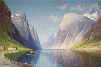 Elisabeth Grüttefien-Kiekebusch, geb. 1871, Norwegische Fjordlandschaft, Öl/Lwd, links unten signiert E. Grüttefien, rechts oben kleine ...