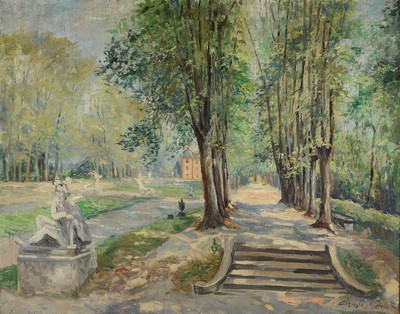 Unbekannter künstler, datiert 1947, Ansicht aus dem Schlosspark in Schwetzingen, Öl/Lwd, rechts unten unleserlich signiert und dat., ca. 80x100cm, ...