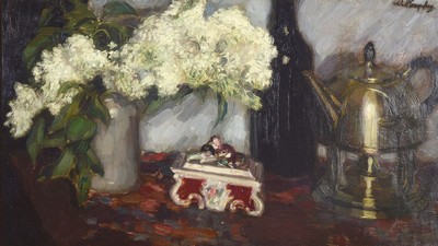 Wilhelm Hempfing, 1886 Schönau - 1948 Karlsruhe, Stillleben mit Deckeldose und Flieder, Öl/Lwd, re. oben signiert, doubliert bzw. l. rest., ca. 59 ...