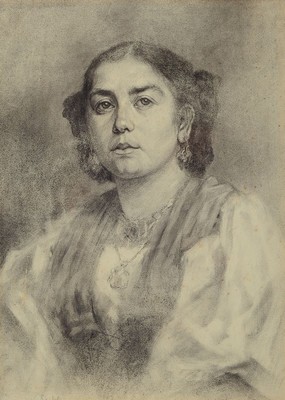 Wilhelm Leibl, Köln 1844 - 1900 Würzburg, Porträt einer Frau mit Schmuck, Kohlezeichnung, leicht stockfleckig, ca. 54 x 38 cm