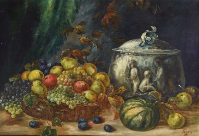 Scholz, Stillleben nach Renaissance-Vorbild, Öl/Lwd, signiert, ca. 70 x 100 cm, Prunkrahmen