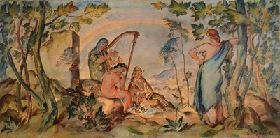 Georg Poppe, 1883 Wartha/Schlesien - 1963 Frankfurt/M., Picknick mit Harfenspieler, Öl/Lwd, re. unten signiert und dat. 22, ca. 56 x 113 cm, Alters- ...