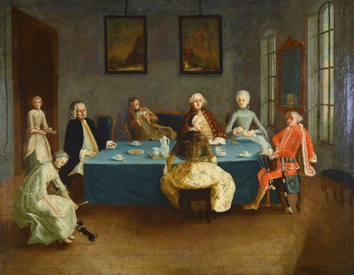 Zwei Barockgemälde, Johann Bapt. Turetschek, dat. 1769, zwei Pendants, gesellschaftliche Tafel: Kaffeetafel bzw. beim Kartenspiel, Öl/Lwd, einmal ...