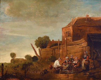 Niederländischer Meister, datiert 1674 und unleserlich signiert: Ka... Insolin, rastende Bauernfamilie, feine Differenzierung der Braun- und ...
