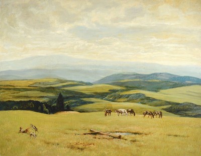 Gustav Traub, 1885 Lahr/Schwarzwald- vor 1958 München, Pferdeweide im Schwarzwald, seitlich mit Ziegen spielender Hirte, Öl/Malkarton, re. unten ...