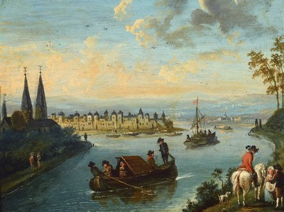 Zwei Barockgemälde, wohl süddeutsch, 18. Jh., Treiben am Fluss, im Hintergrund Stadtansicht, Reiter, Schiffe, schildernde Darstellung, Öl/Lwd, ...