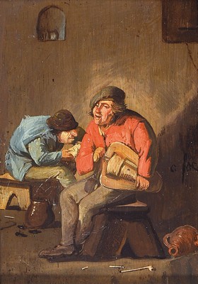 Niederländischer Künstler, um 1820/30, zwei Männer mit Leier, Öl/Holz, re. unleserlich signiert, ca. 19 x 13 cm, Rahmen: 37 x 31 cm