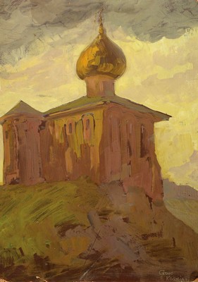 Georg Kosmiady, Gouache auf Papier/Platte, Kirchenansicht, signiert, ca. 64 x 45 cm