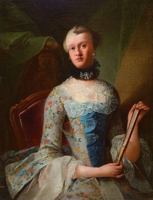 Barockgemälde, süddeutsch, um 1750/60, Porträt einer Edeldame mit Fächer, zeittypischer Schmuck, wohl Öl/Lwd, feine lasierende Malerei, sehr ...