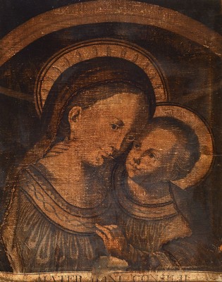Kupferstich/Sepia-Zeichnung, Italien, 16. Jahrhundert, Kupferstich mit Sepia übermalt, Madonna mit Kind, Blickkontakt und Berührung, Fehlstelle, ...
