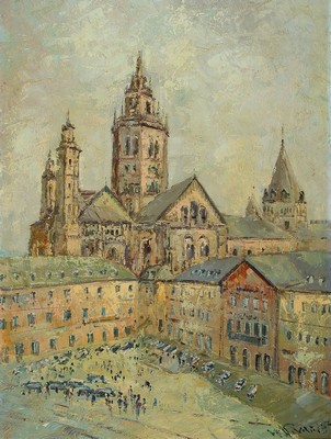 Prof. Walter Prescher van Ed, 1916 Dresden-1988 Wiesbaden, Blick auf den Dom in Mainz, Personenstaffage, Öl/Lwd, rechts unten signiert, ca. 80x60cm, ...