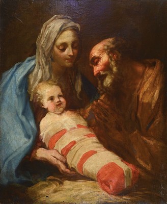 Unbekannter Künstler, wohl Italien, 19. Jh.,Maria und Joseph mit dem Christuskind, Öl/Lwd, doubliert, ca. 96x78cm
