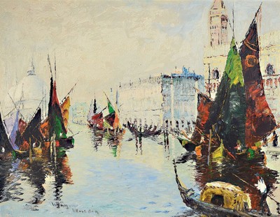 Unbekannter Künstler, Mitte des 20. Jh., Ansicht aus Venedig, Öl/Lwd, links unten unleserlich signiert und bez. Venedig, ca. 70x90cm, R. ca. ...