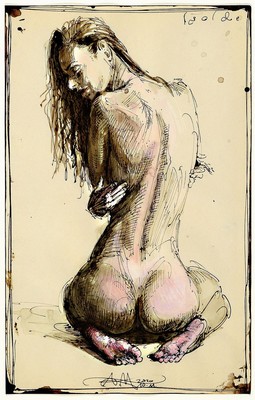 Andreas Noßmann, geb. 1962, Federzeichnung und Aquarell und Farbstift auf original antikem Papier, Titel "Isolde" , Blattgr. 33 x 21 cm, ...