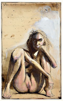 Andreas Noßmann, geb. 1962, Federzeichnung und Aquarell und Farbstift auf original antikem Papier, Titel "vor weißer Wand", 33 x 20.5 cm, ...