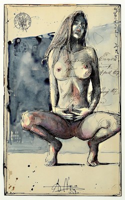 Andreas Noßmann, geb. 1962, Federzeichnung und Aquarell und Farbstift auf original antikem Papier, Titel "hockender Akt ", 33 x 20.5 cm, ...